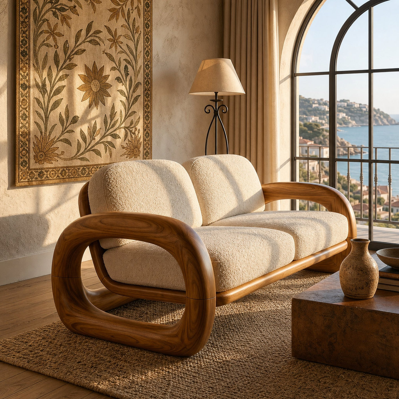 Mediterranean Inspired Wooden Sofa Coastal Living Room
