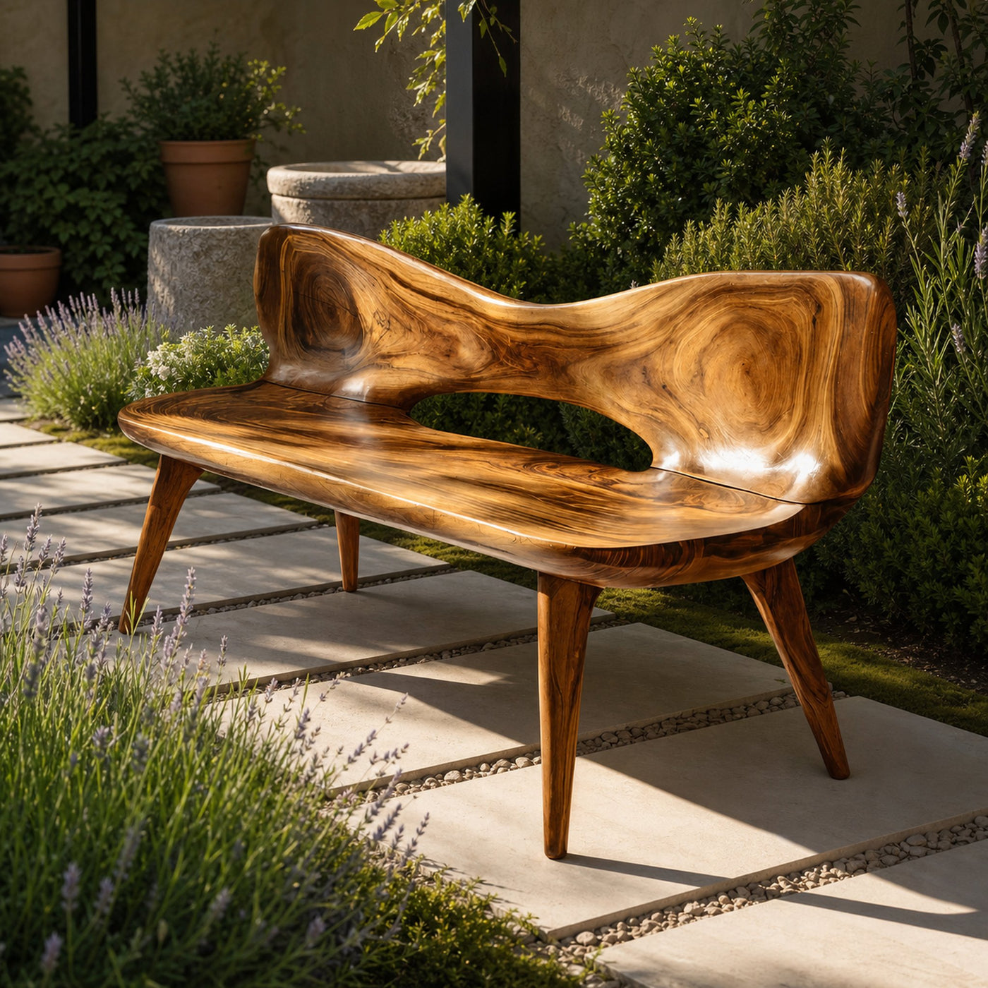 Mid Century Artistic Wooden Bench For Patio Setup