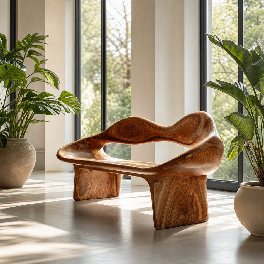 Mid Century Curved Bench Natural Finish Living Room