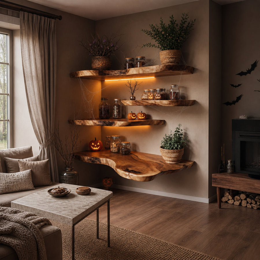 Mid Century Floating Wooden Shelves Halloween Style Living Room