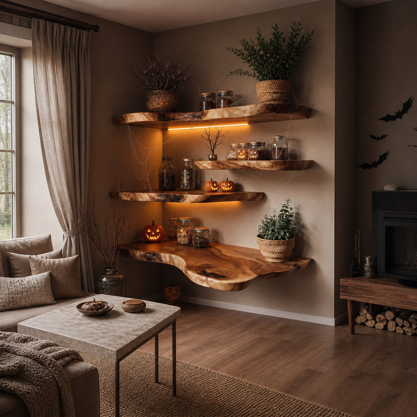Mid Century Floating Wooden Shelves Halloween Style Living Room