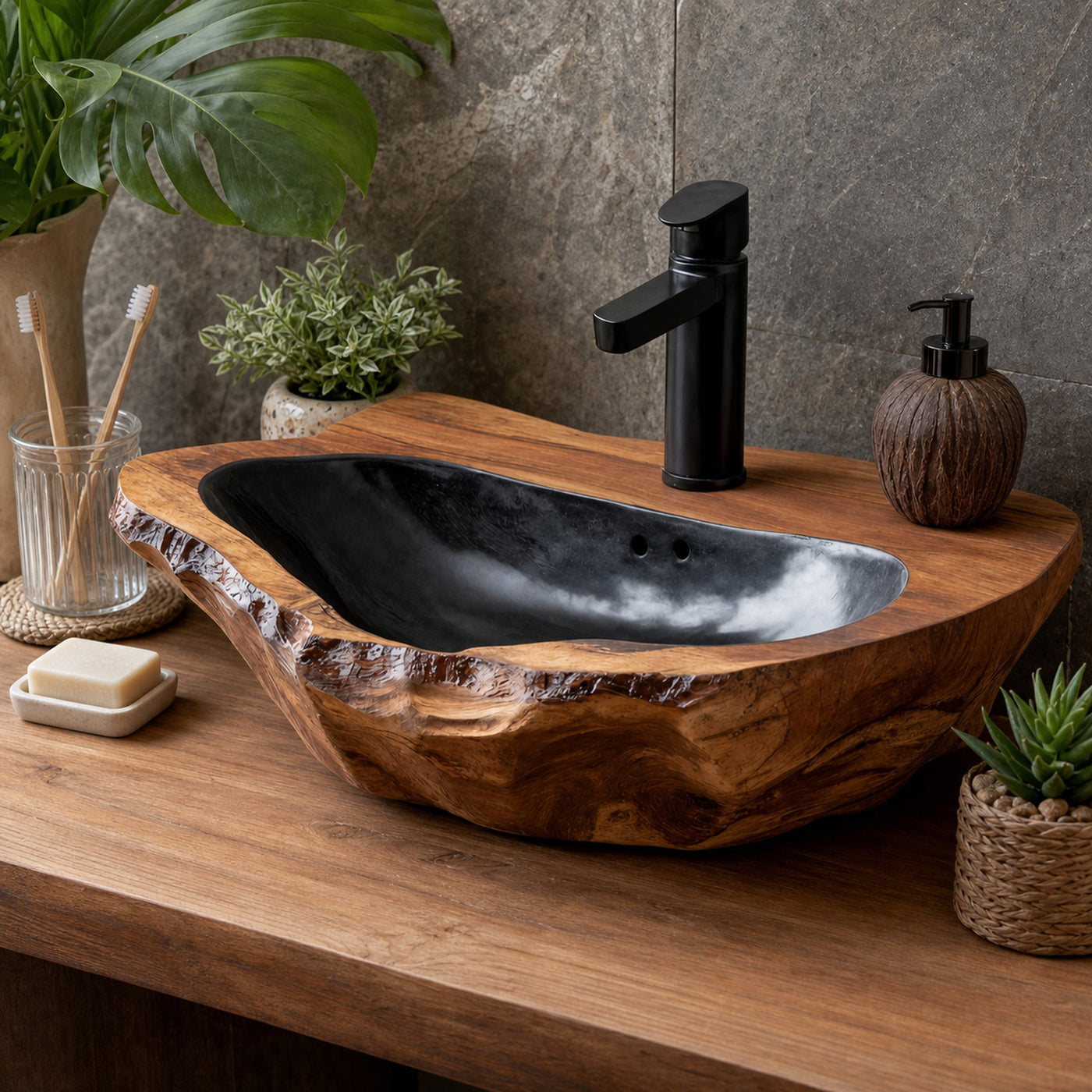 Mid Century Handcrafted Wood Wash Basin For Bathroom Decor