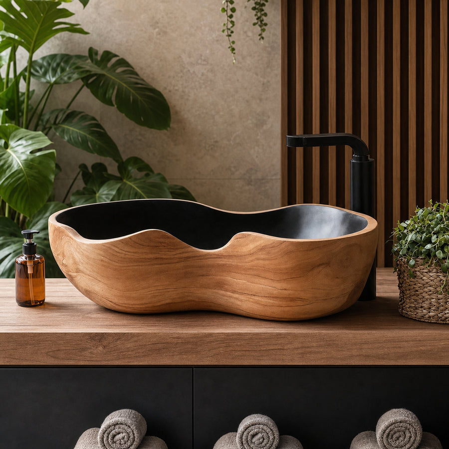 Mid Century Handcrafted Wood Wash Basin For Bathroom Use