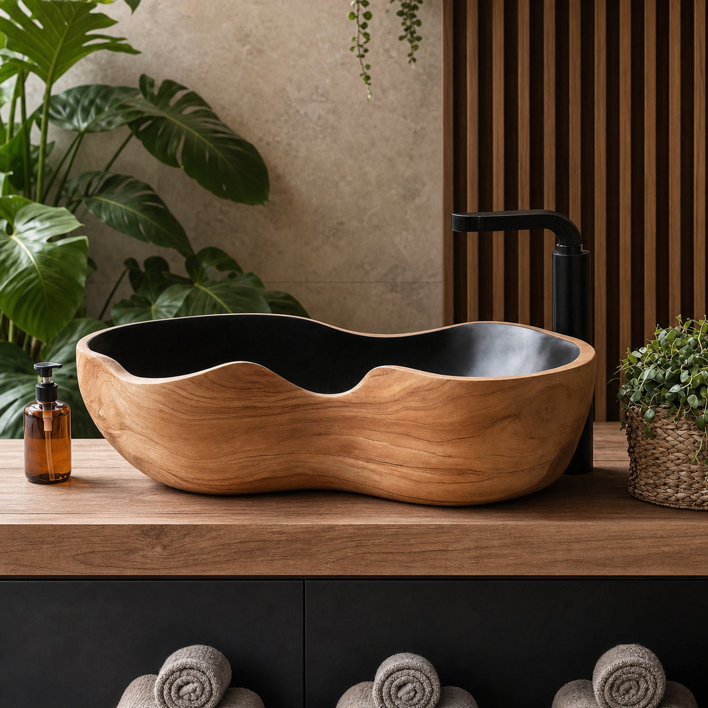 Mid Century Handcrafted Wood Wash Basin For Bathroom Use