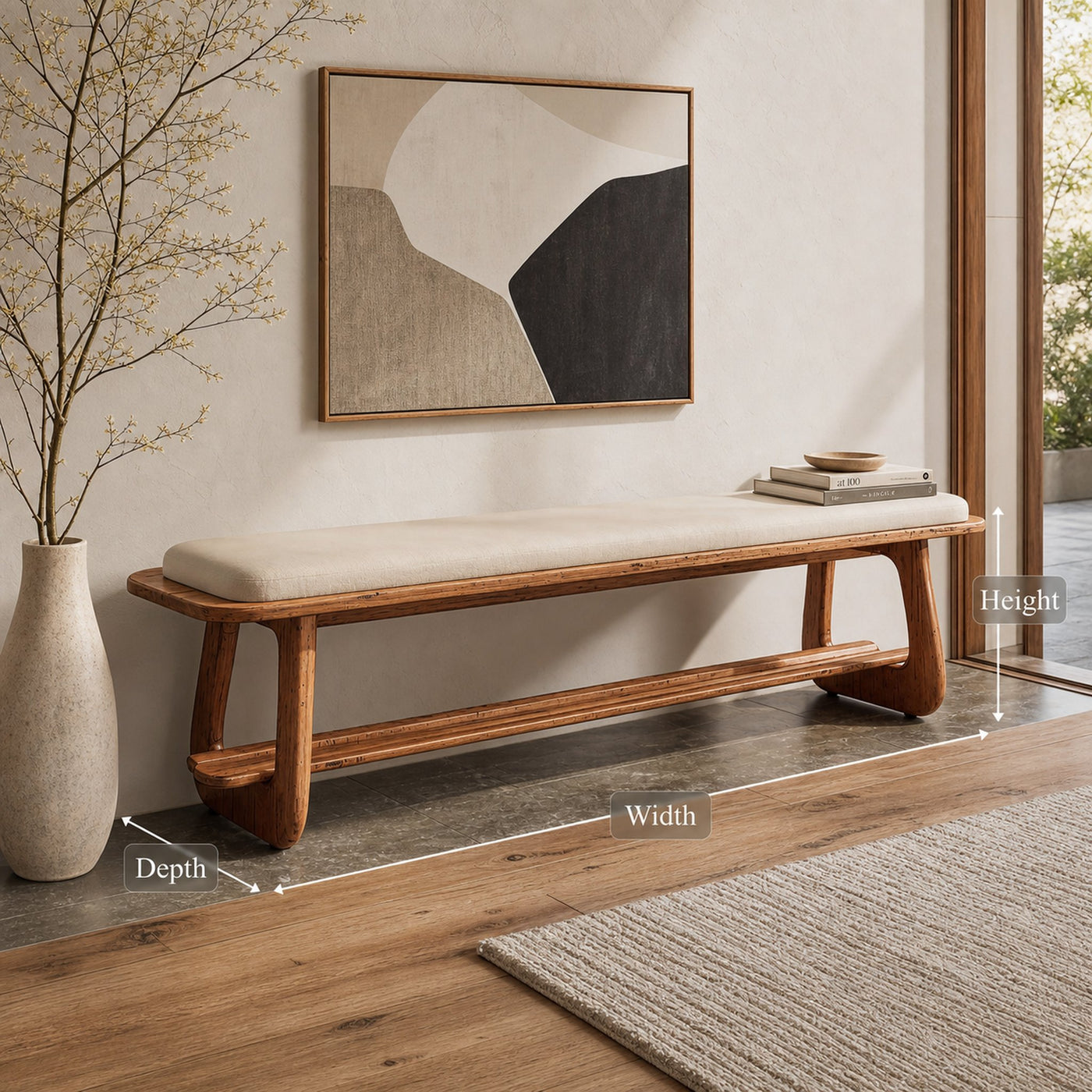 Mid Century Long Bench Entryway Dining Room Modern - product view 6