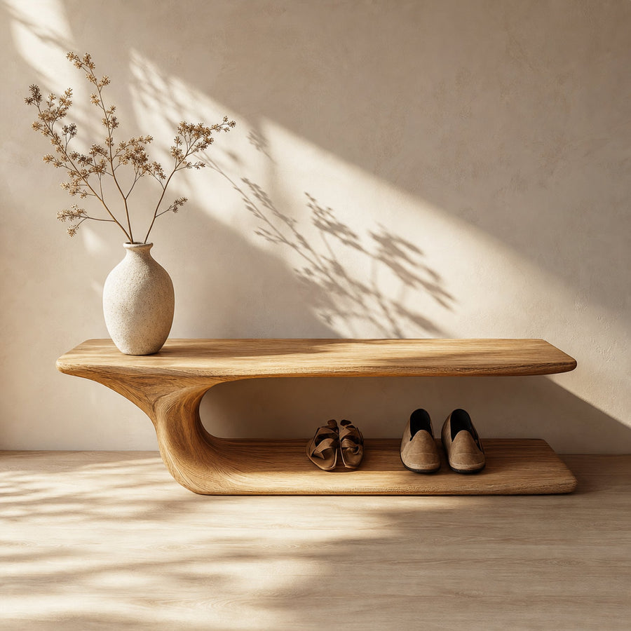Mid Century Minimalist Wood Shoe Bench Entry Space