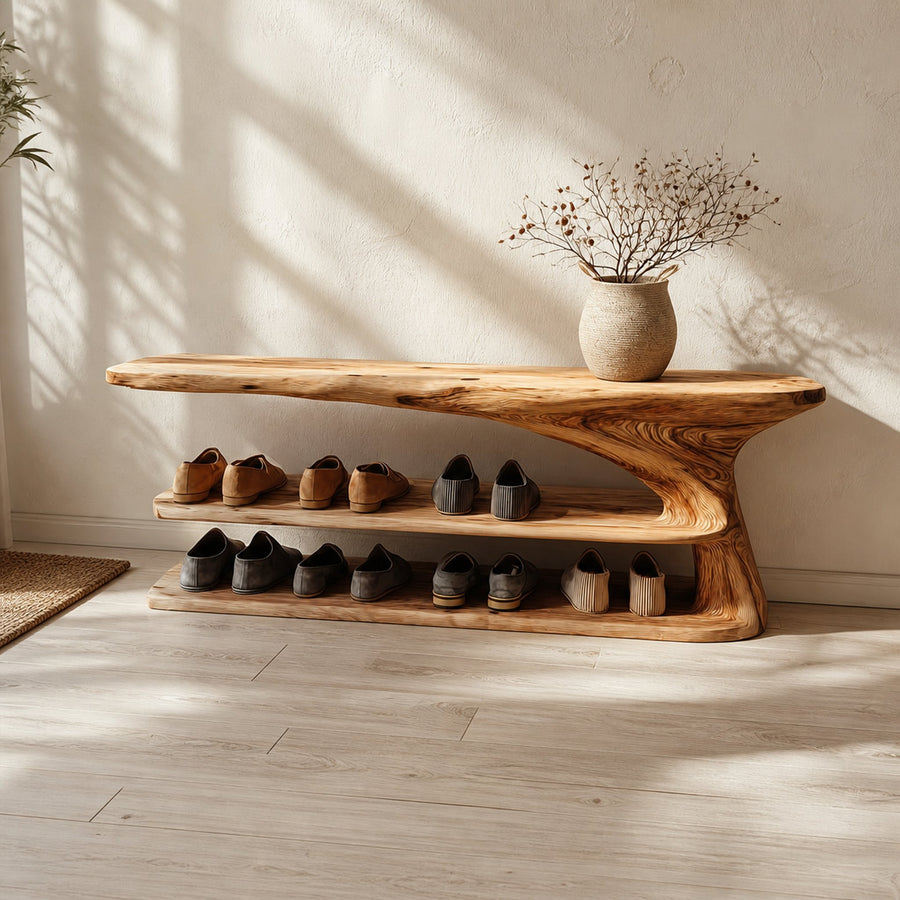 Mid Century Natural Wood Shoe Storage Bench Hallway