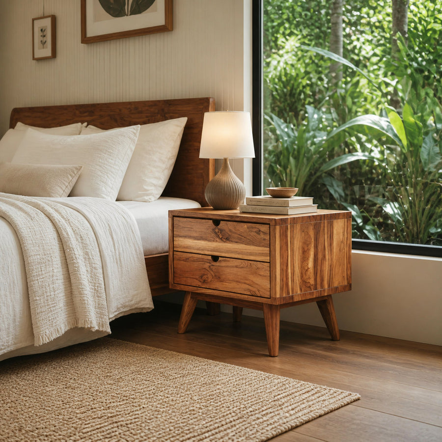 Mid Century Nightstand With Two Drawers For Bedroom