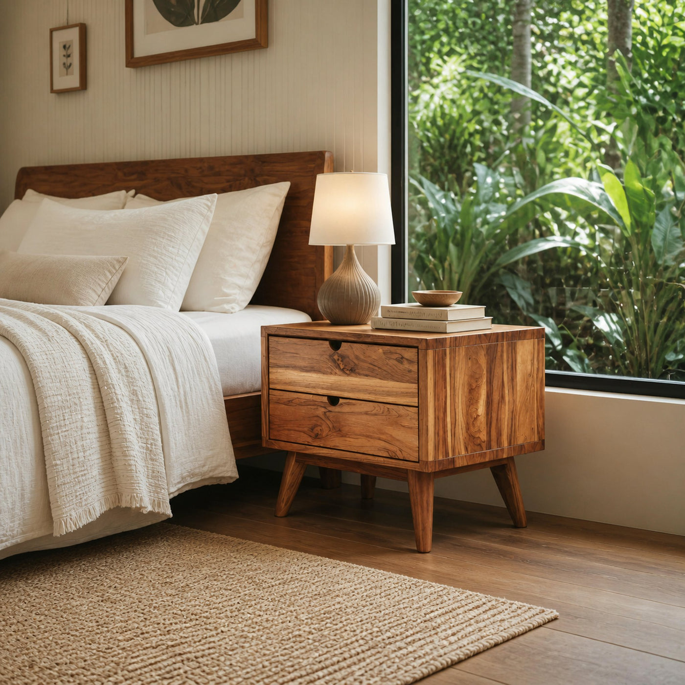 Mid Century Nightstand With Two Drawers For Bedroom
