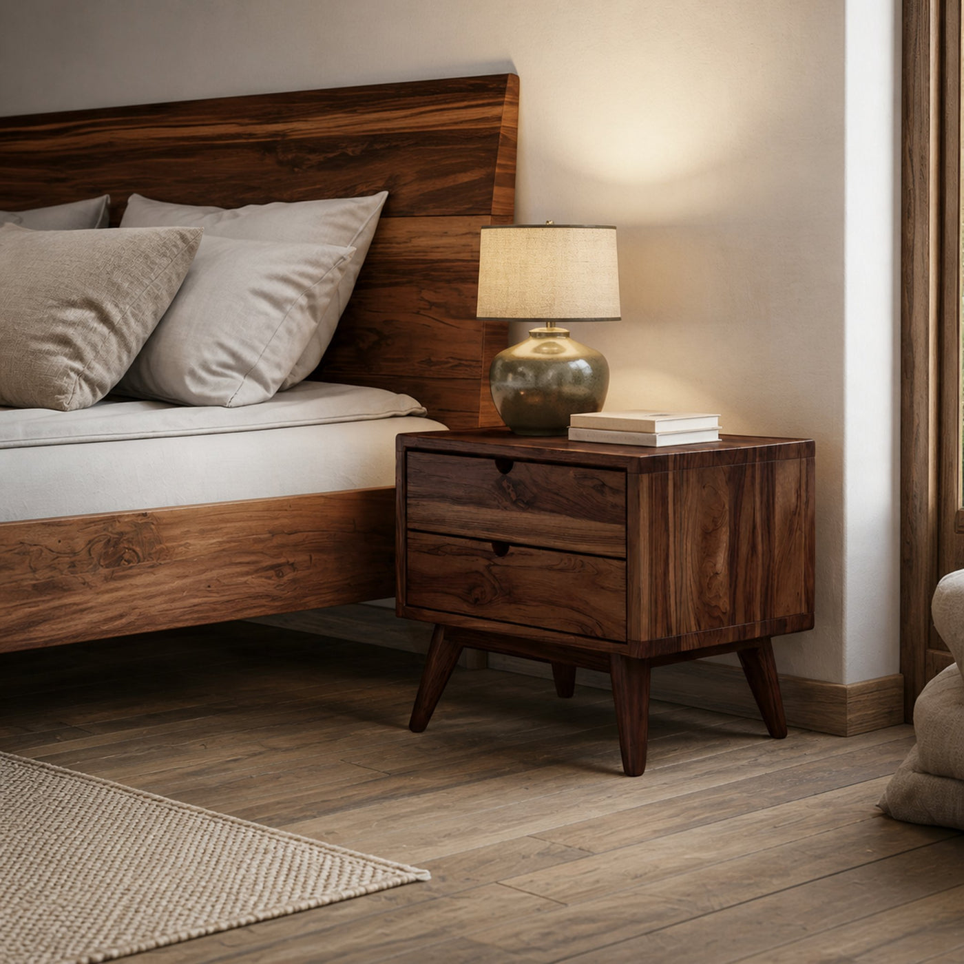 Mid Century Nightstand With Two Drawers For Bedroom - product view 7