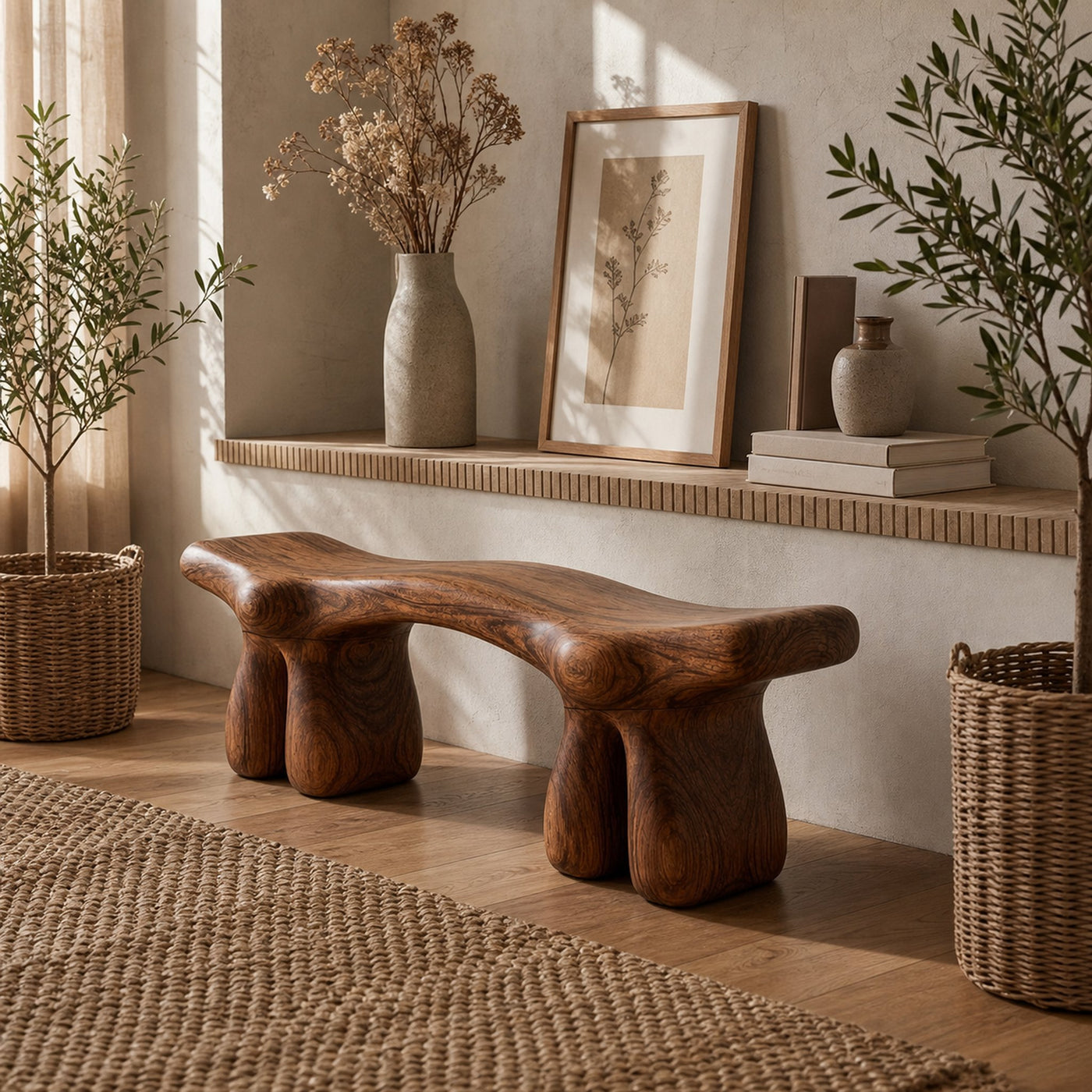 Mid Century Organic Bench For Entryway And Living Room