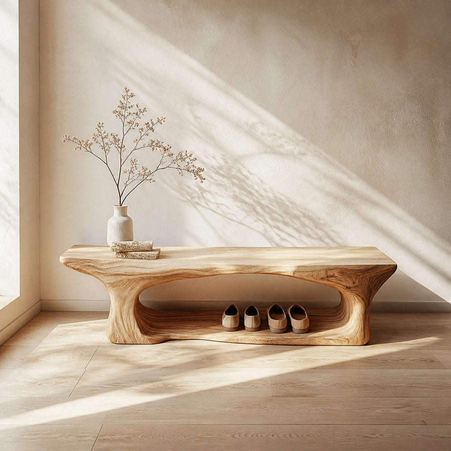 Mid Century Sculptural Wood Shoe Bench Interior
