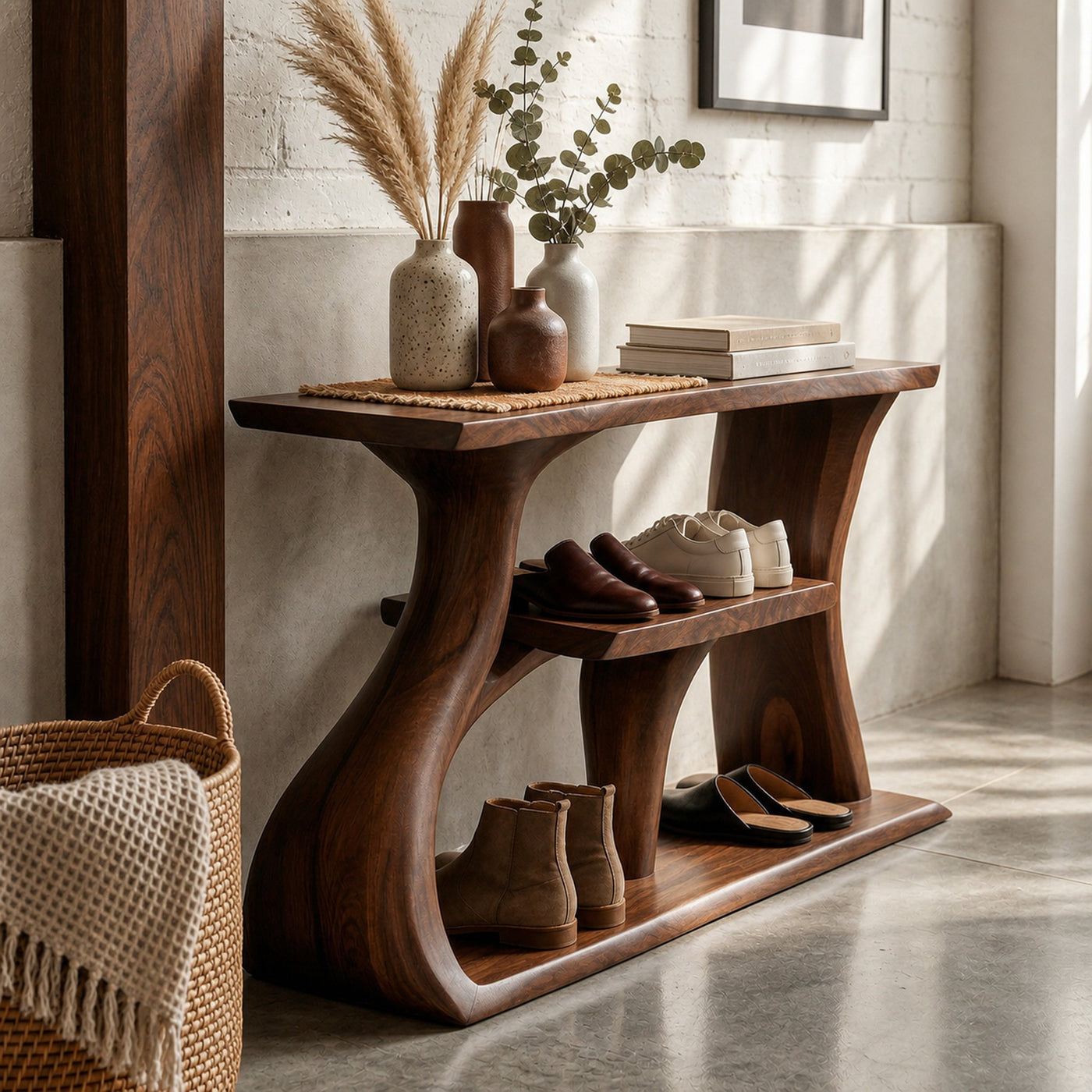 Mid Century Shoe Rack Shelf For Foyer Hallway Living Setting - product view 7