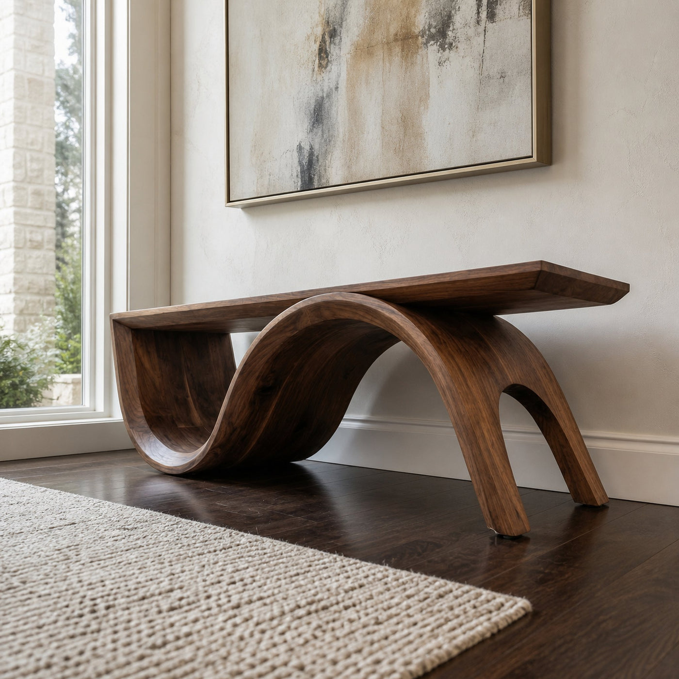Mid Century Solid Wood Bench Sculptural Curved Base Entryway And Living Room