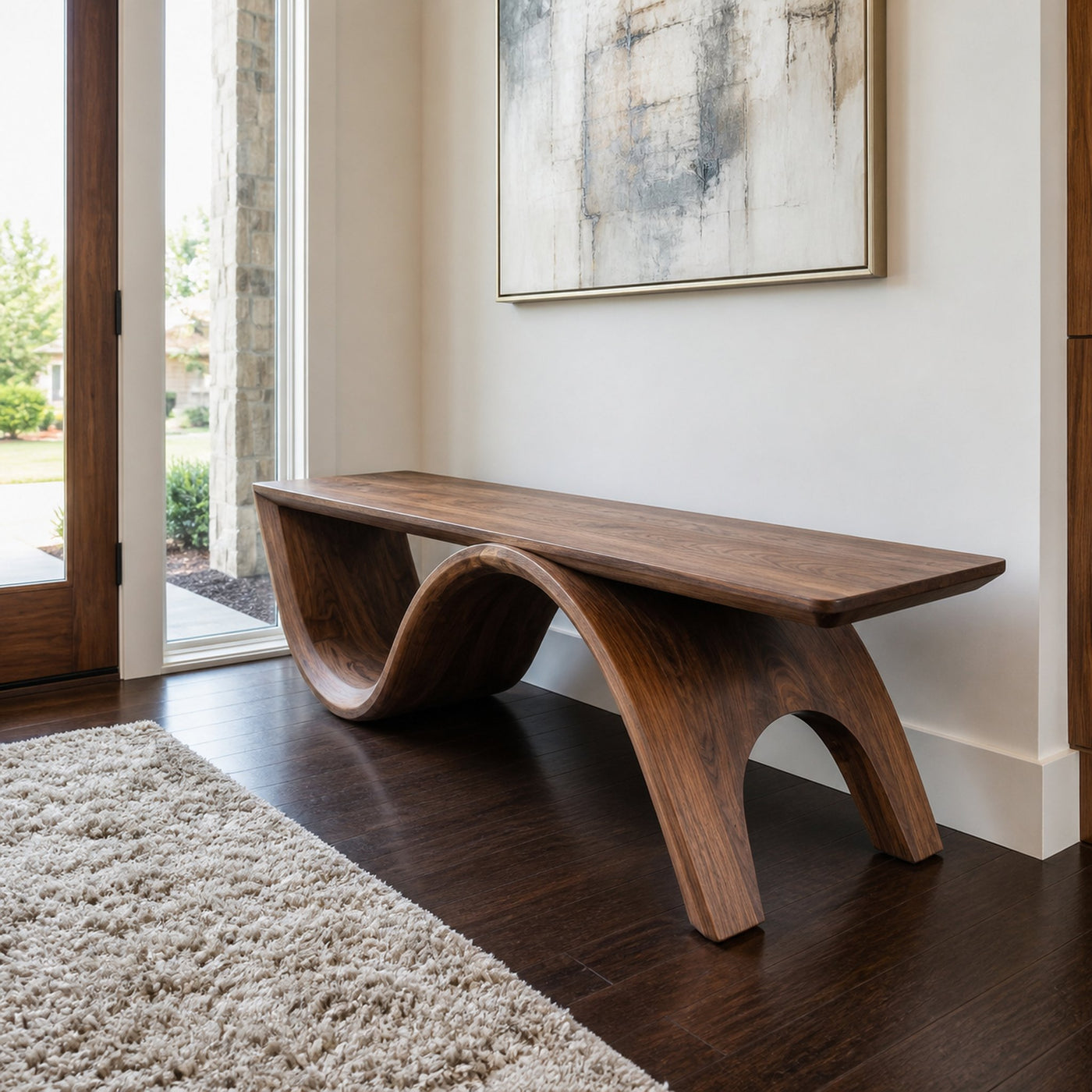 Mid Century Solid Wood Bench Sculptural Curved Base Entryway And Living Room - product view 6