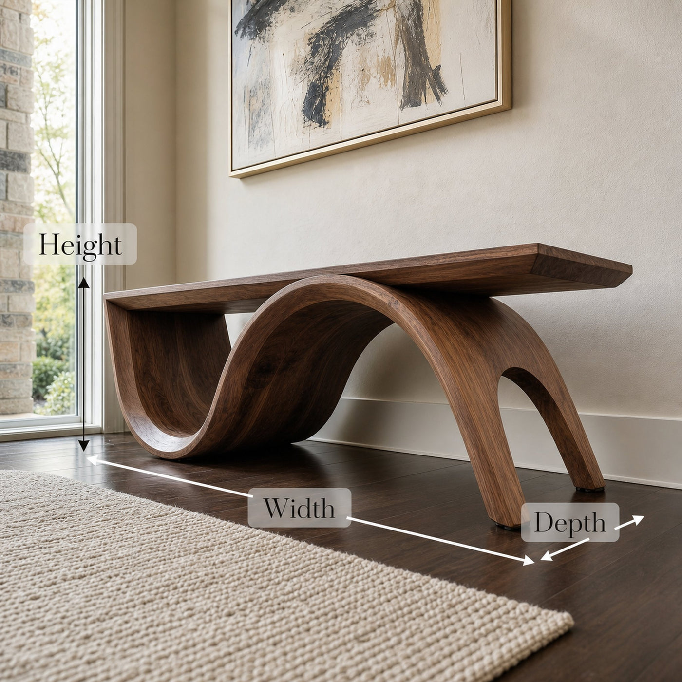 Mid Century Solid Wood Bench Sculptural Curved Base Entryway And Living Room - product view 7
