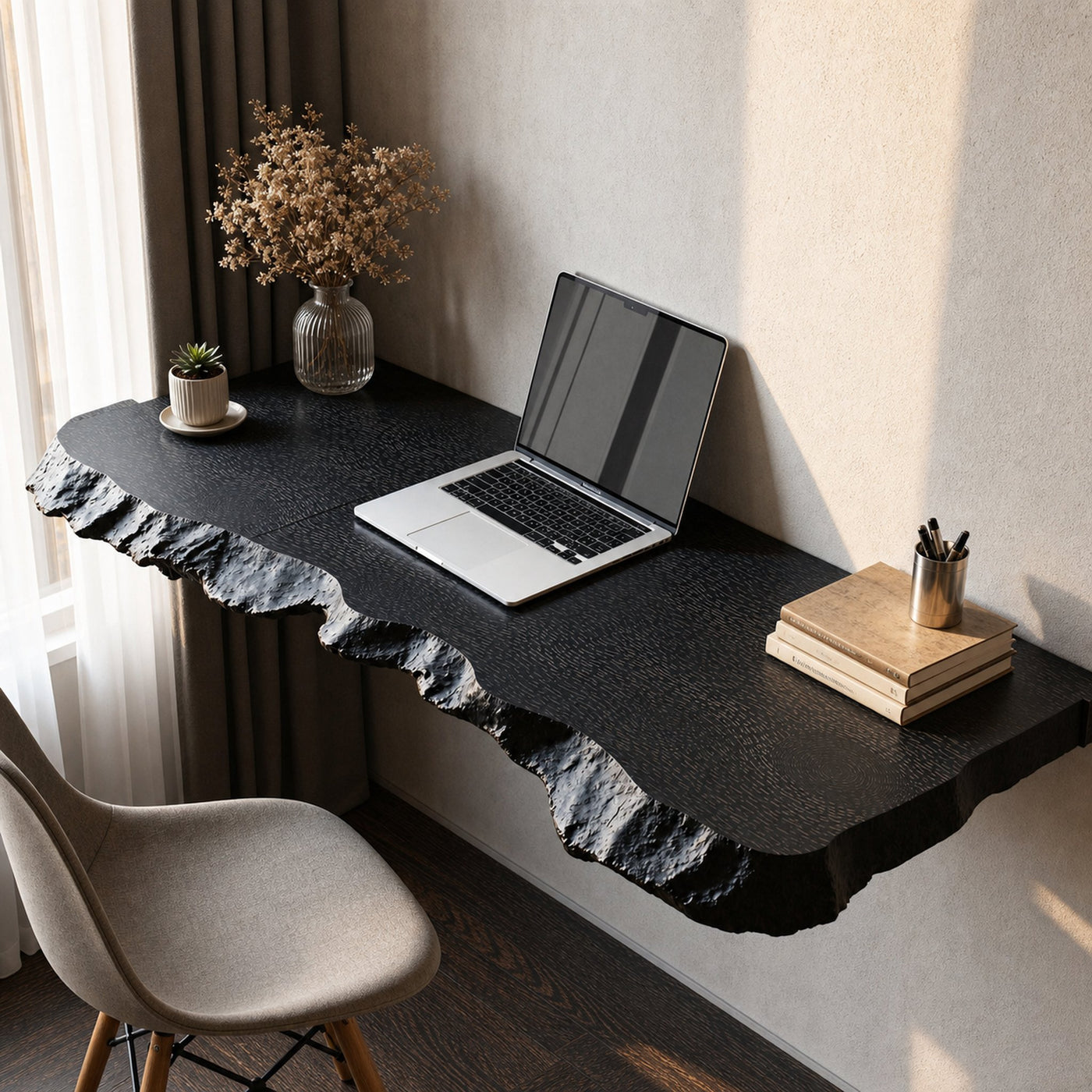 Mid Century Solid Wood Floating Desk For Home Office Setup