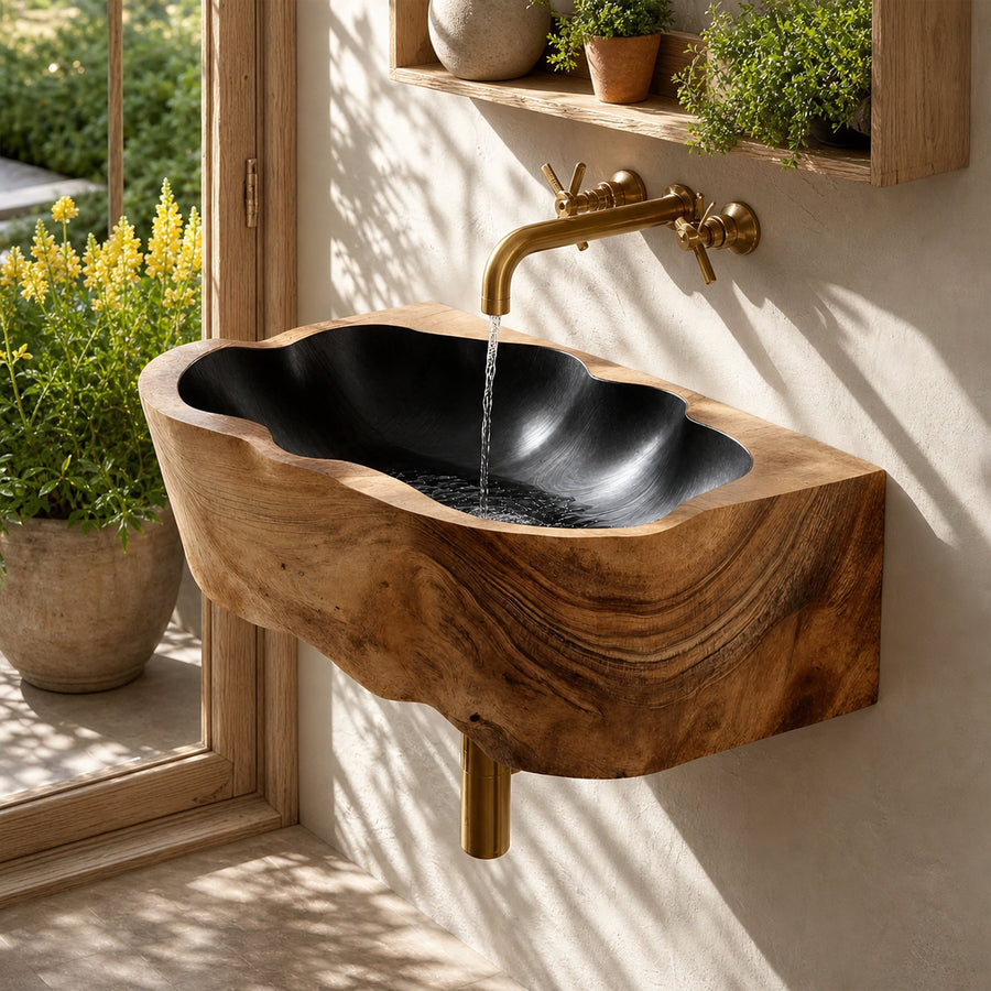 Mid Century Wall Mounted Wooden Bathroom Sink For Designer Bathroom Decor