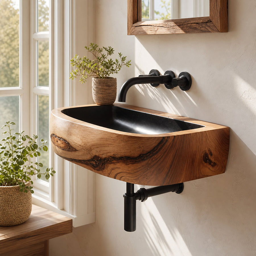 Mid Century Wall Mounted Wooden Bathroom Sink For Modern Bathroom Decor