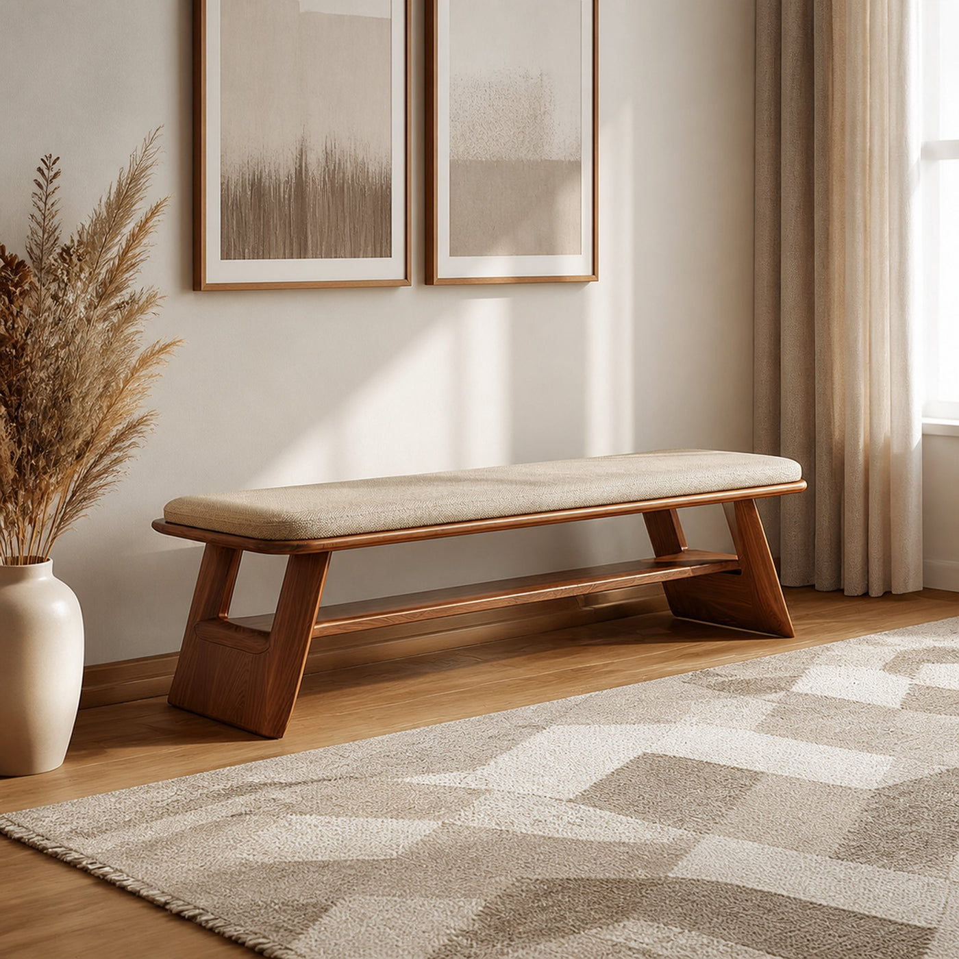 Mid Century Wooden Bench Living Room Decor