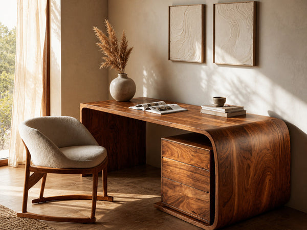 Mid Century Wooden Desk With Integrated Drawer For Home Study