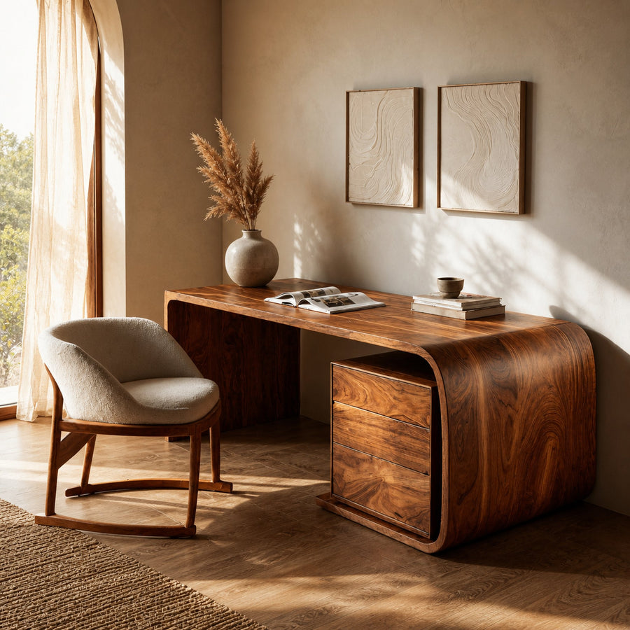 Mid Century Wooden Desk With Integrated Drawer For Home Study