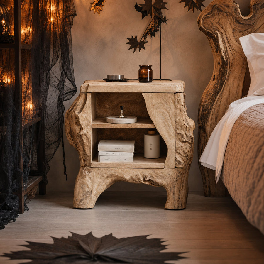 Mid Century Wooden Live Edge Nightstand For Bedroom Halloween Decor
