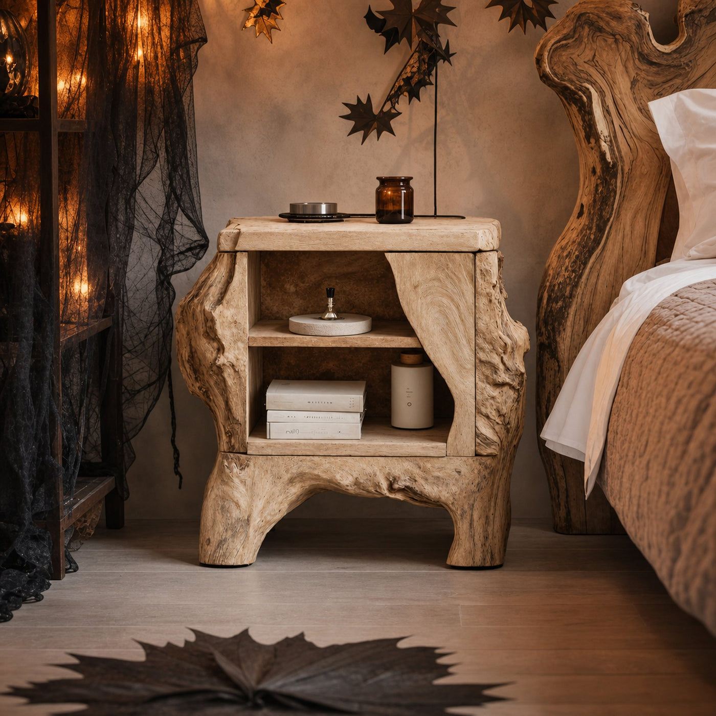 Mid Century Wooden Live Edge Nightstand For Bedroom Halloween Decor