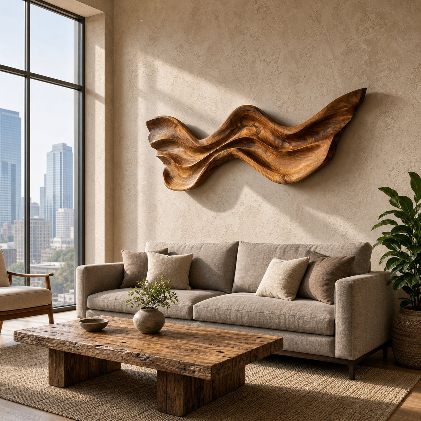 Mid Century Wooden Wall Art With Carved Wave For Living