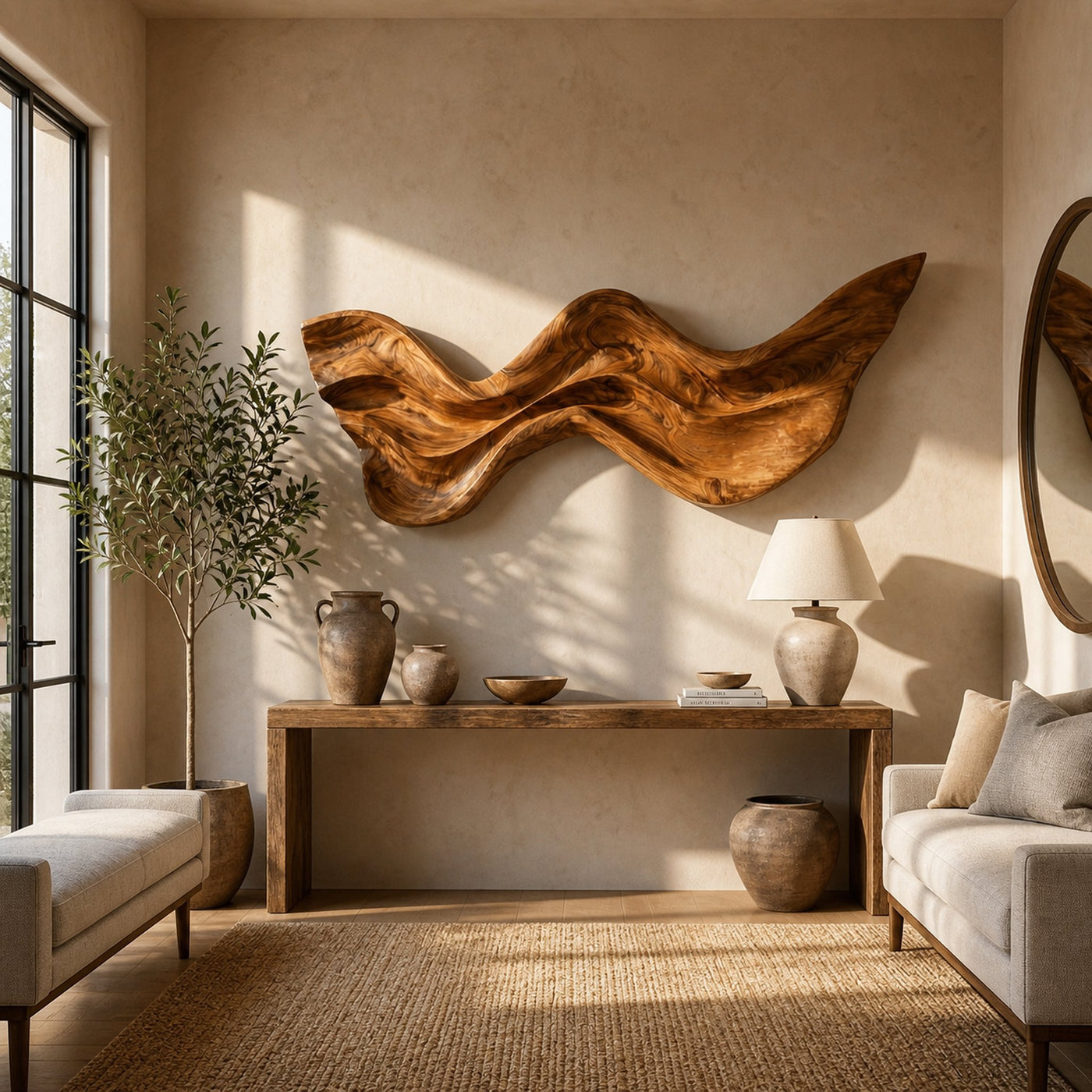 Mid Century Wooden Wall Art With Carved Wave For Living - product view 6