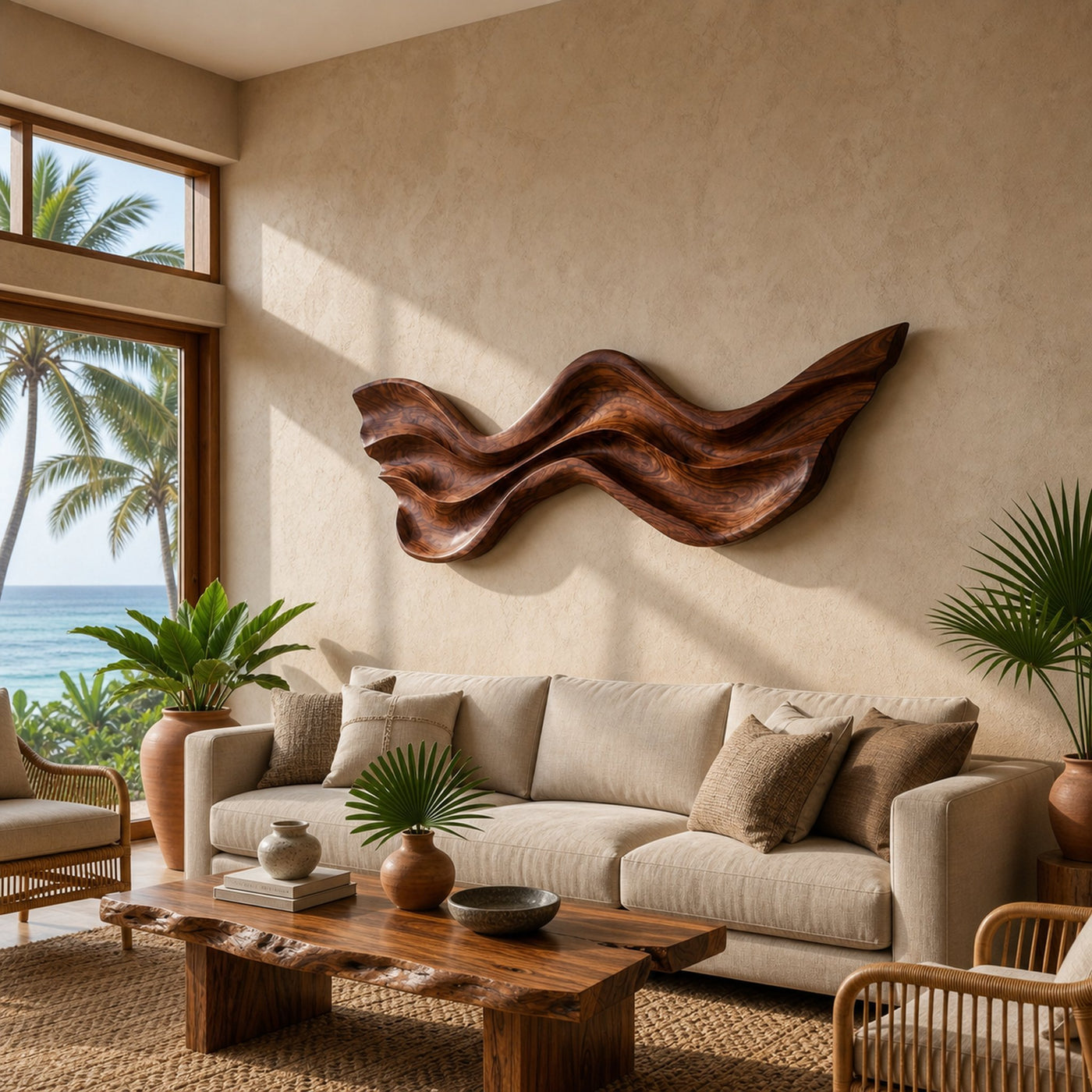 Mid Century Wooden Wall Art With Carved Wave For Living - product view 7