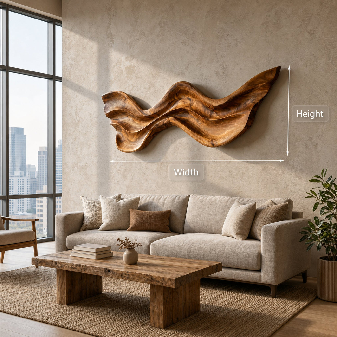 Mid Century Wooden Wall Art With Carved Wave For Living - product view 8
