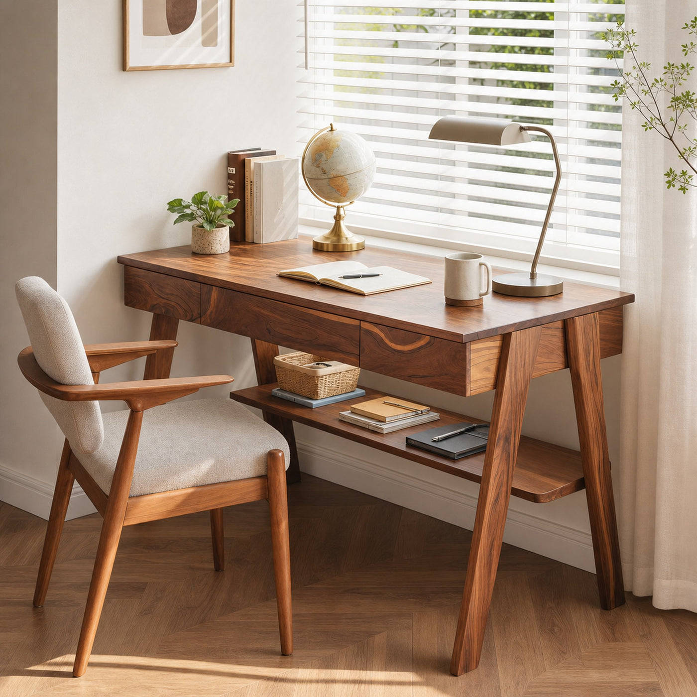 Mid Century Wooden Writing Desk With Drawers And Shelf For Home Office