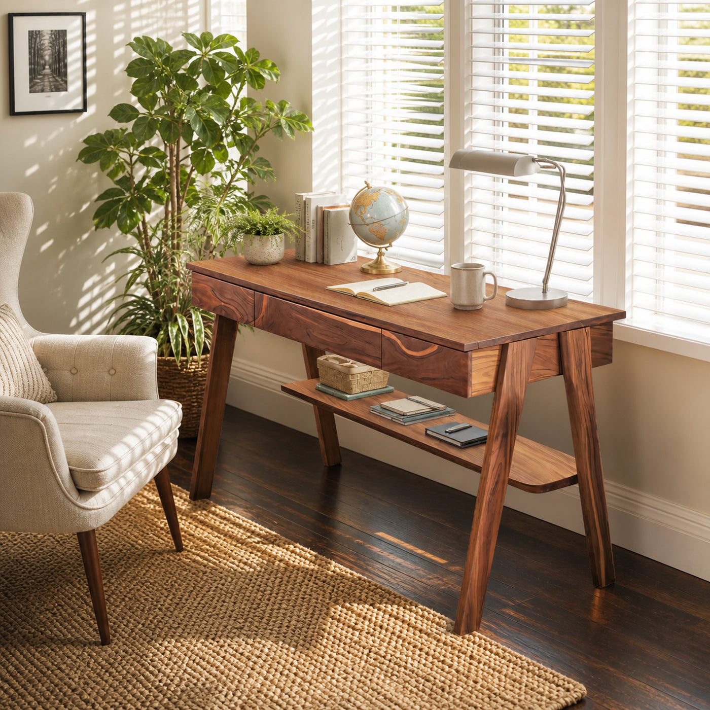 Mid Century Wooden Writing Desk With Drawers And Shelf For Home Office - product view 6
