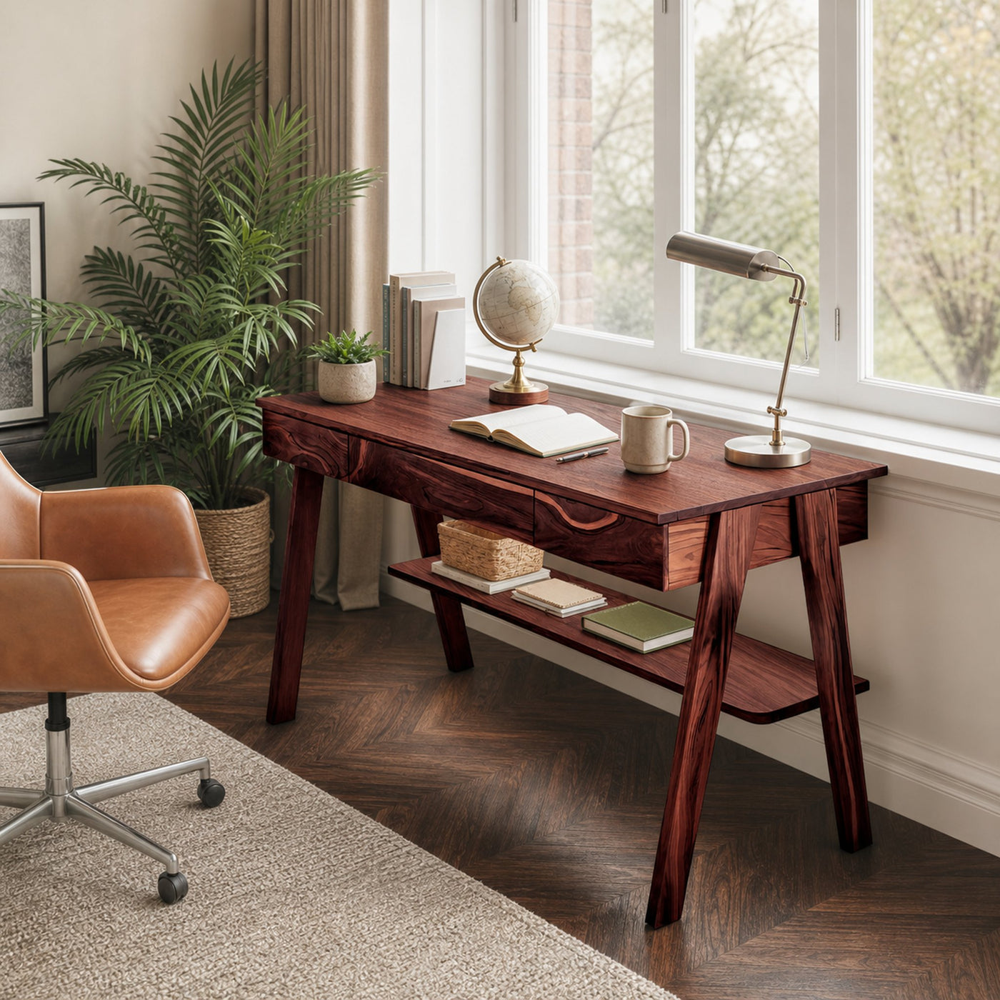 Mid Century Wooden Writing Desk With Drawers And Shelf For Home Office - product view 7