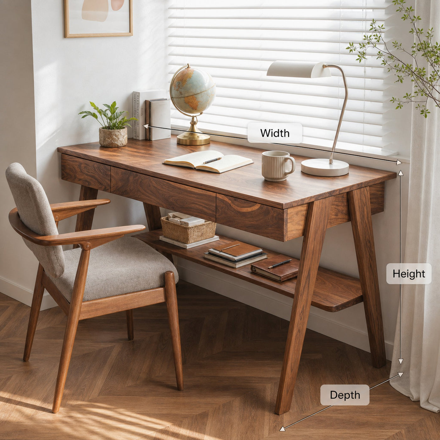 Mid Century Wooden Writing Desk With Drawers And Shelf For Home Office - product view 8