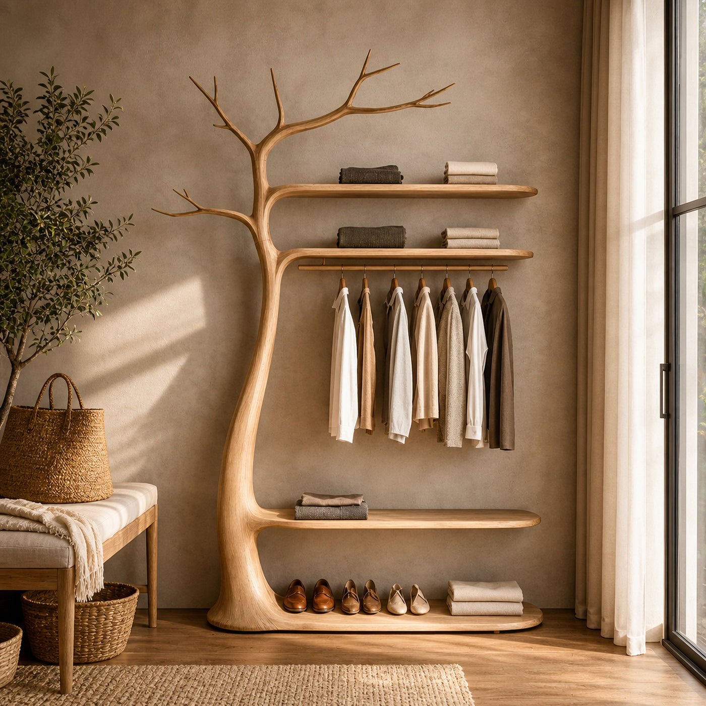 Midcentury Wooden Tree Coat Rack Living Room