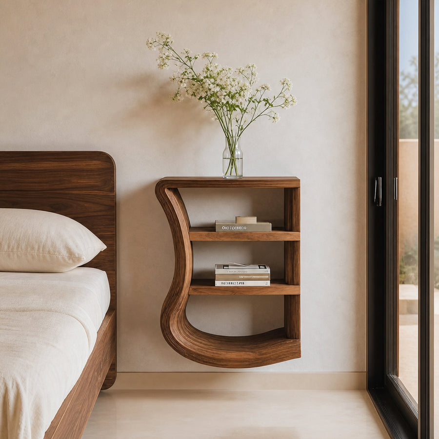 Minimal Curved Nightstand Open Shelf Design For Bedroom
