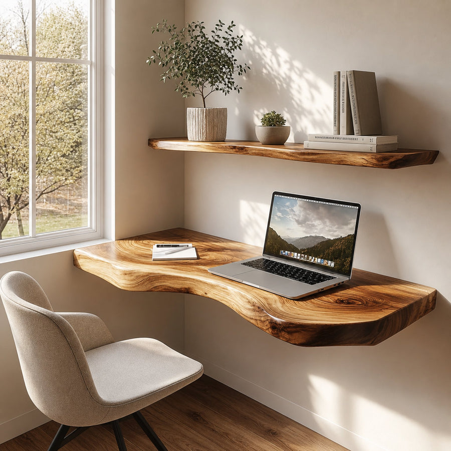 Minimal Live Edge Wall Desk Solid Wood Home Office Style