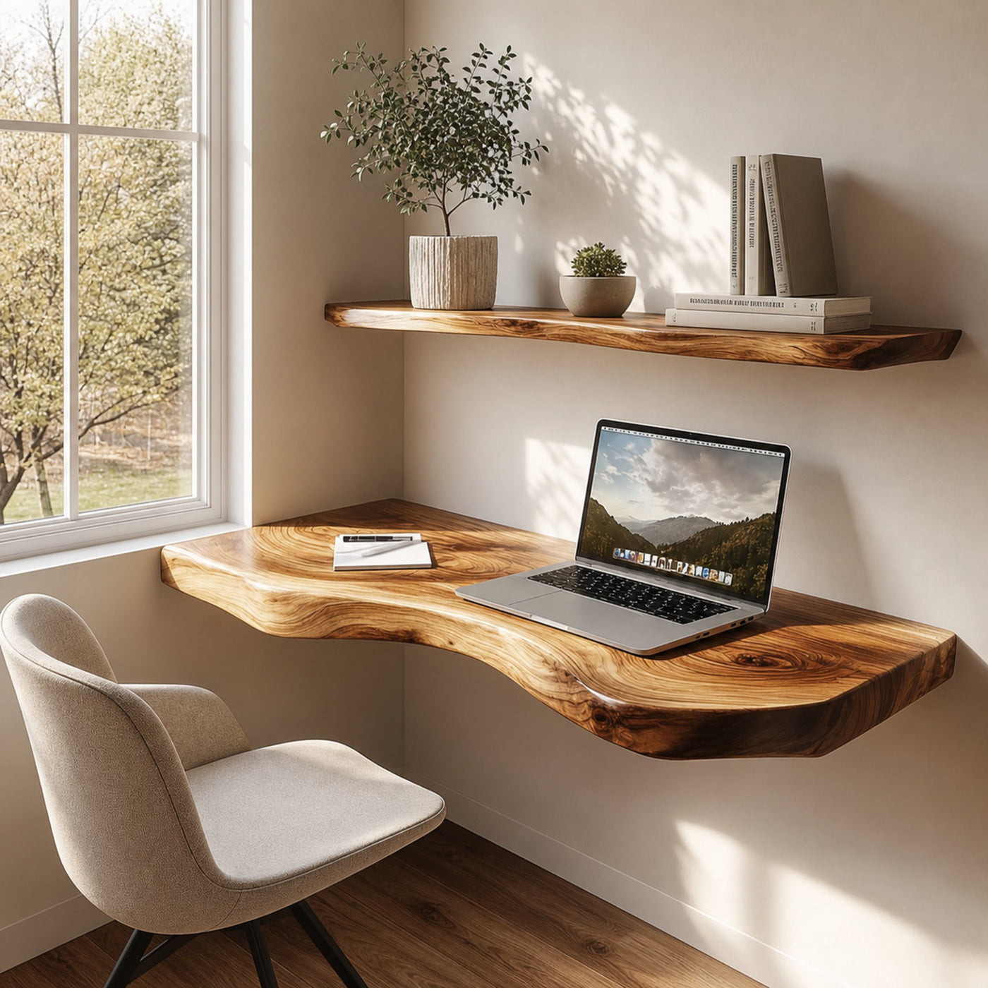 Minimal Live Edge Wall Desk Solid Wood Home Office Style