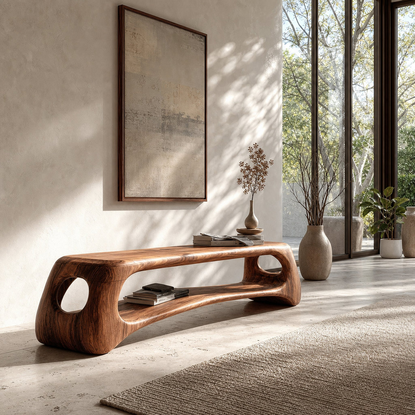 Minimal Natural Wood Gallery Bench For Living Room