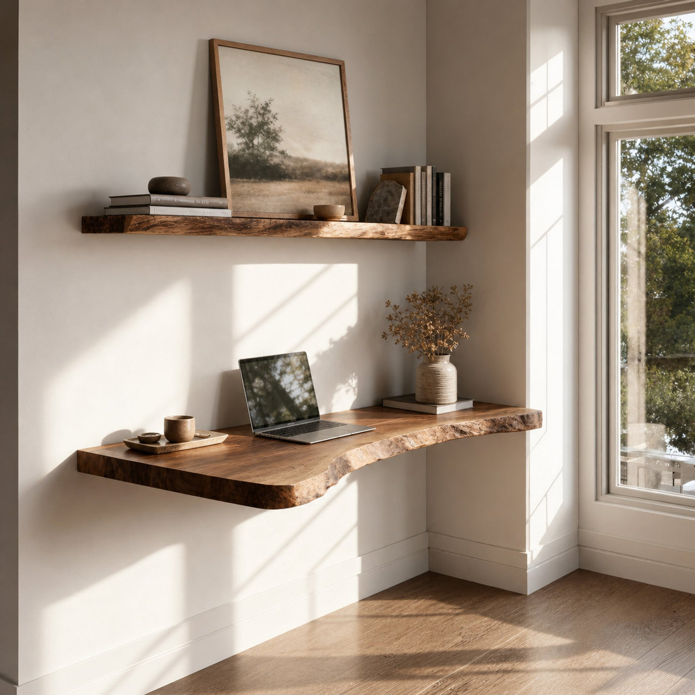 Minimal Solid Wood Wall Desk Natural Light Home Office Interior