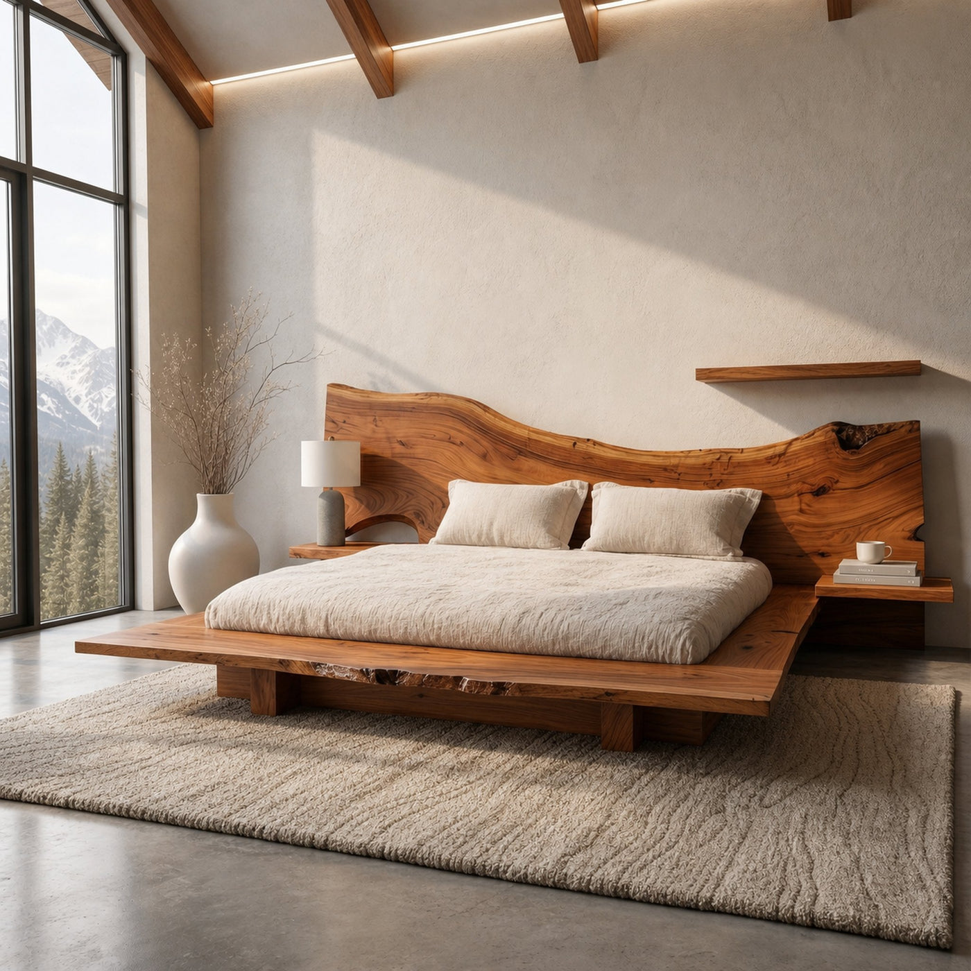 Minimalist Bed Frame With Organic Edge Headboard For Bedroom