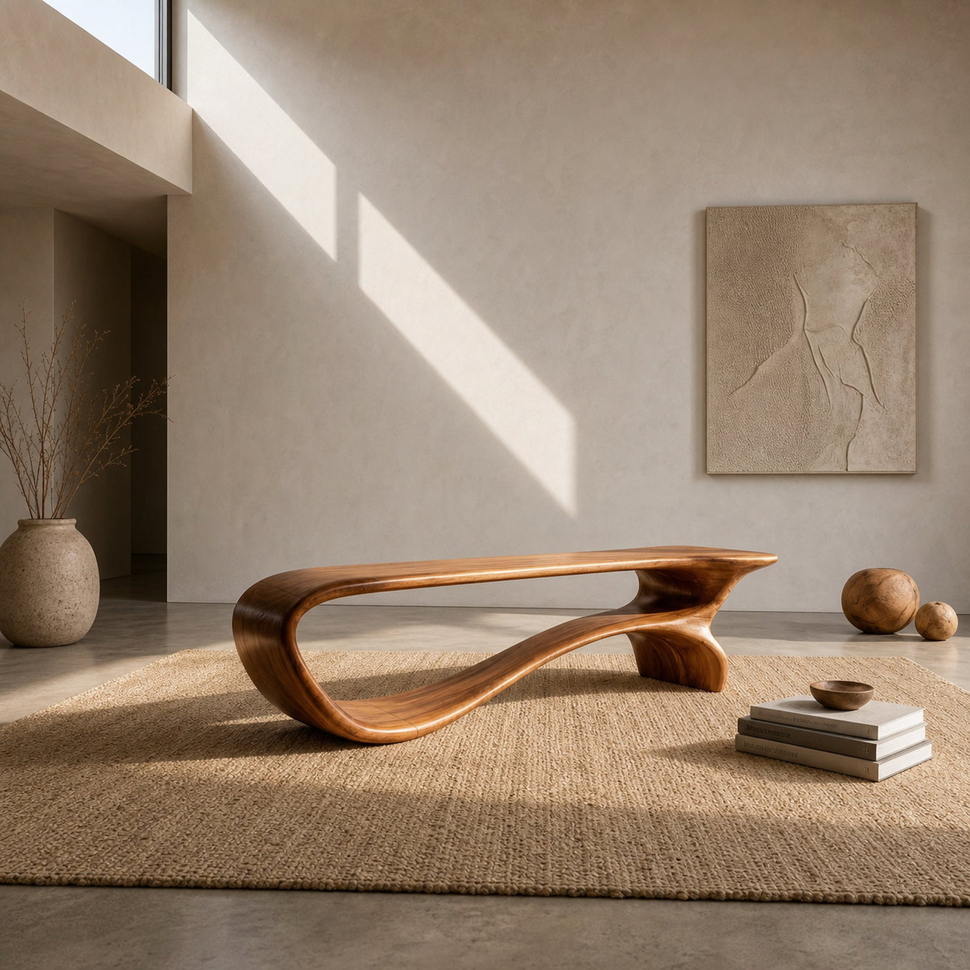 Minimalist Curved Natural Wood Bench For Living Room Decor - product view 6