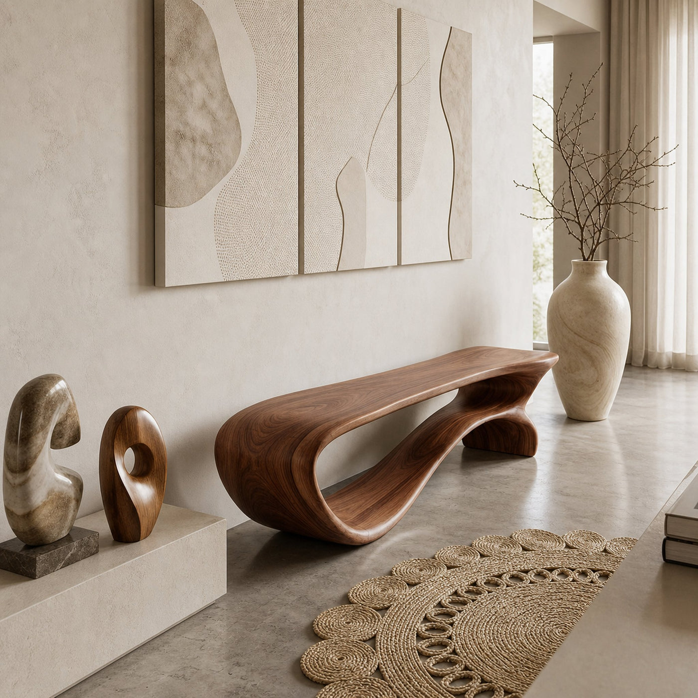Minimalist Curved Natural Wood Bench For Living Room Decor - product view 7