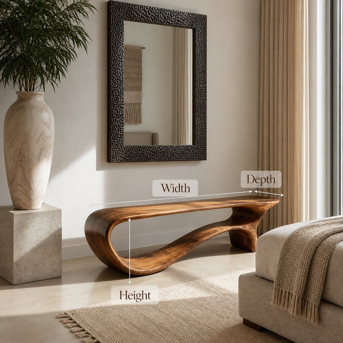 Minimalist Curved Natural Wood Bench For Living Room Decor - product view 8