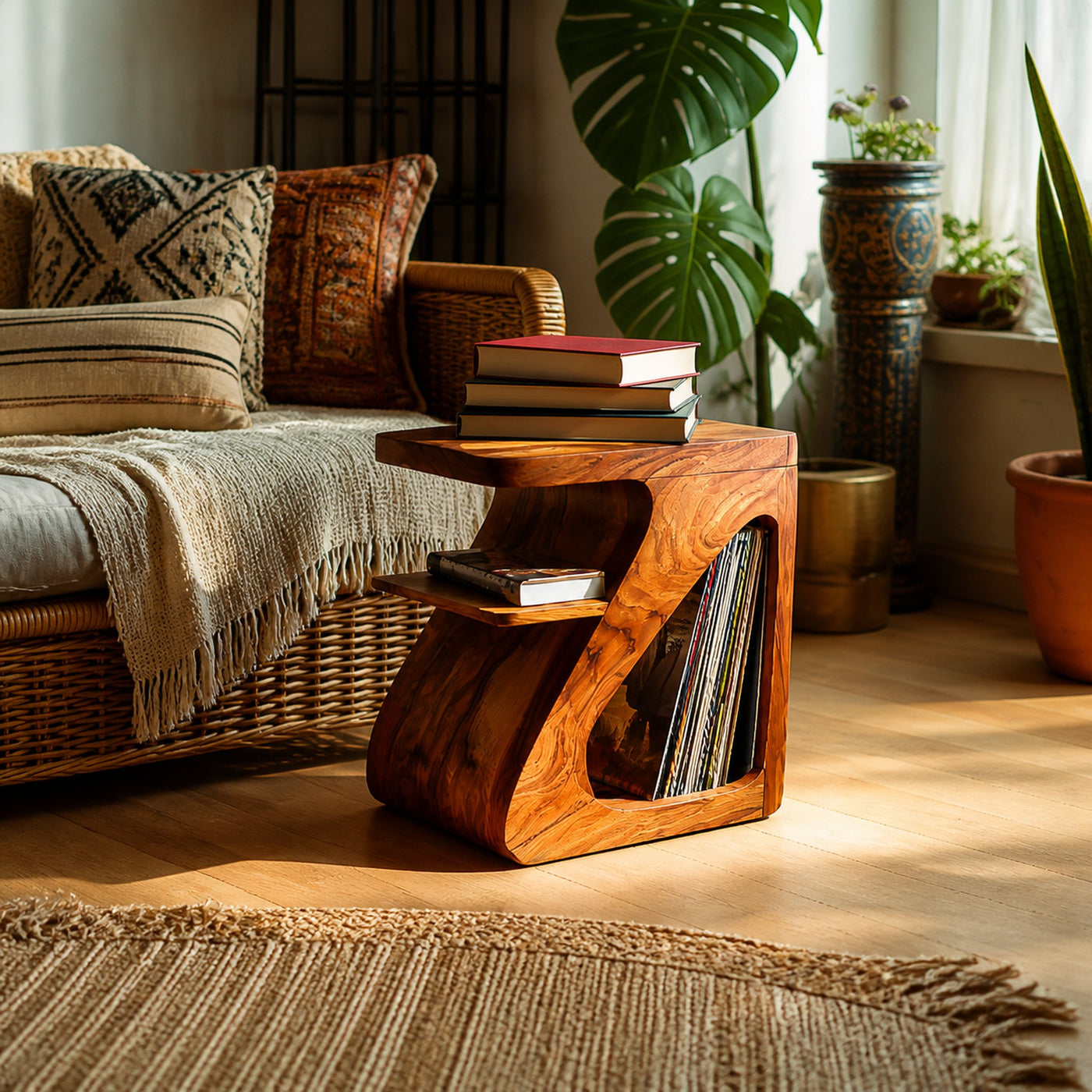 Minimalist Curved Wooden Side Table For Living Room