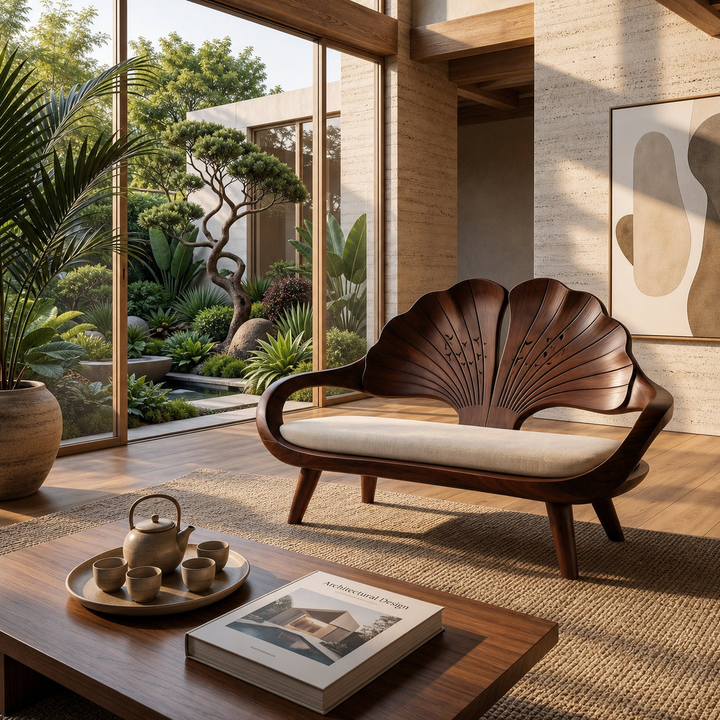 Minimalist Ginkgo Leaf Back Bench For Reading Interior Area - product view 7