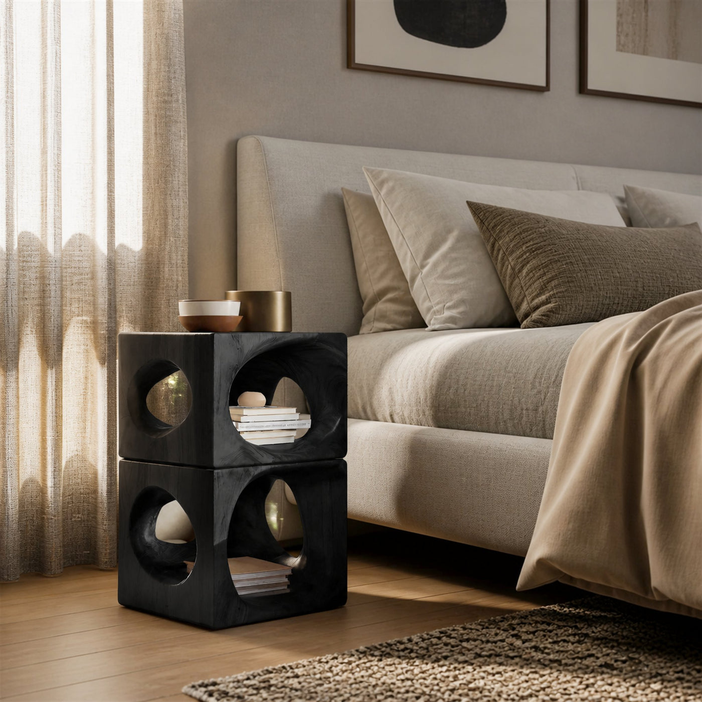 Minimalist Nightstand With Rounded Openings For Bedroom - product view 7