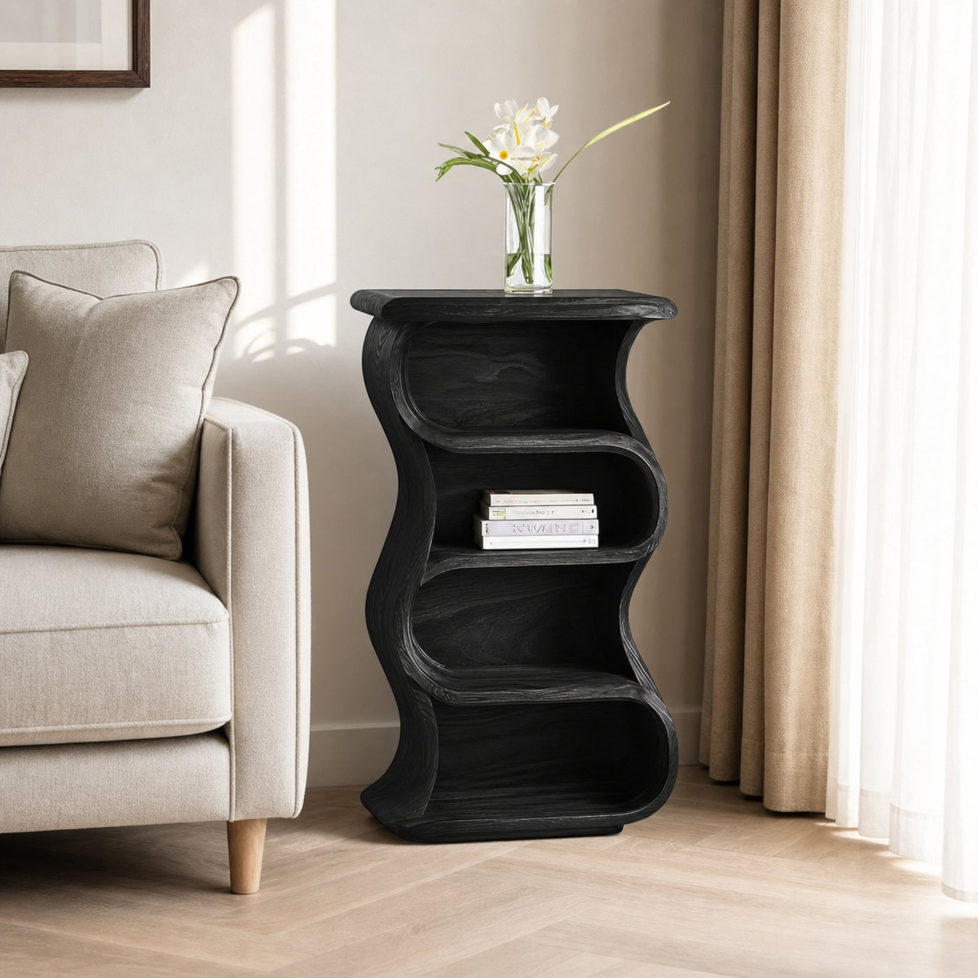 Minimalist Sculptural Nightstand With Open Shelf For Bedroom